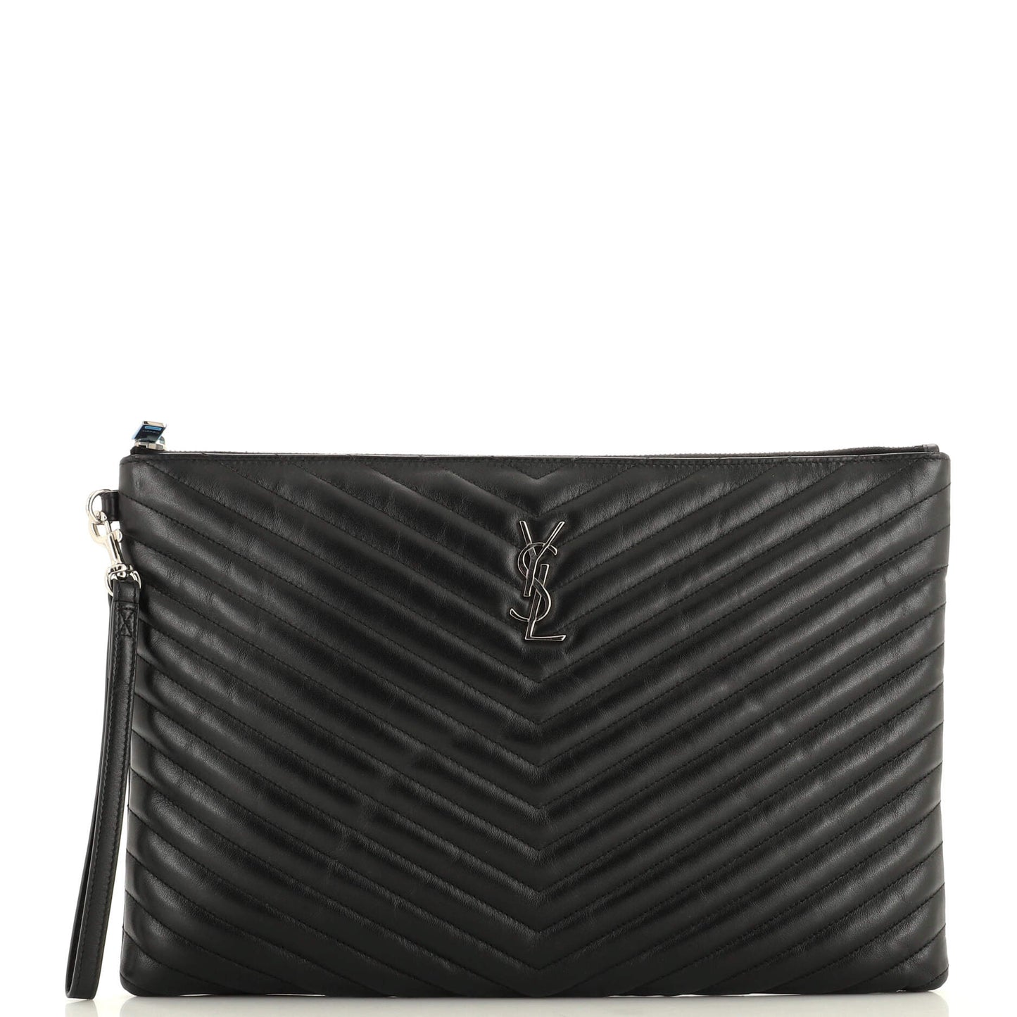 Luxury Saint Laurent Classic Monogram Wristlet Pouch Matelasse Chevron Leather Large
