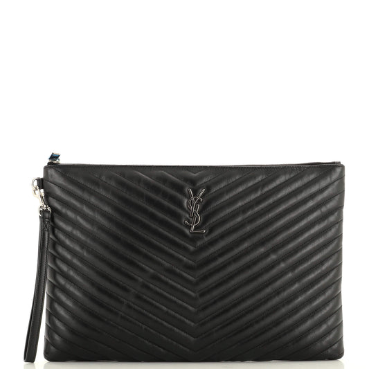 Luxury Saint Laurent Classic Monogram Wristlet Pouch Matelasse Chevron Leather Large
