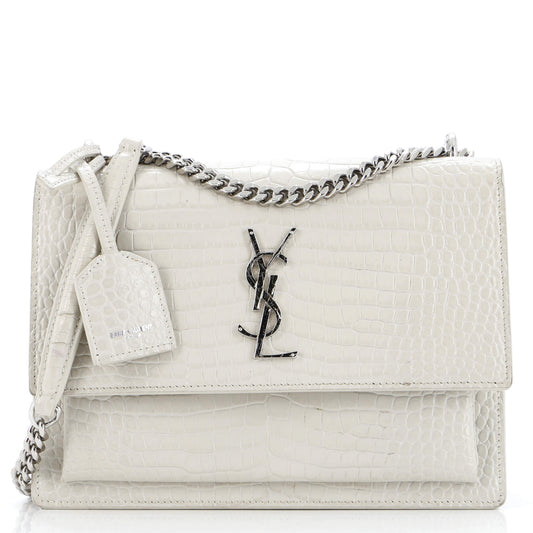 Luxury Saint Laurent Sunset Crossbody Bag Crocodile Embossed Leather Medium
