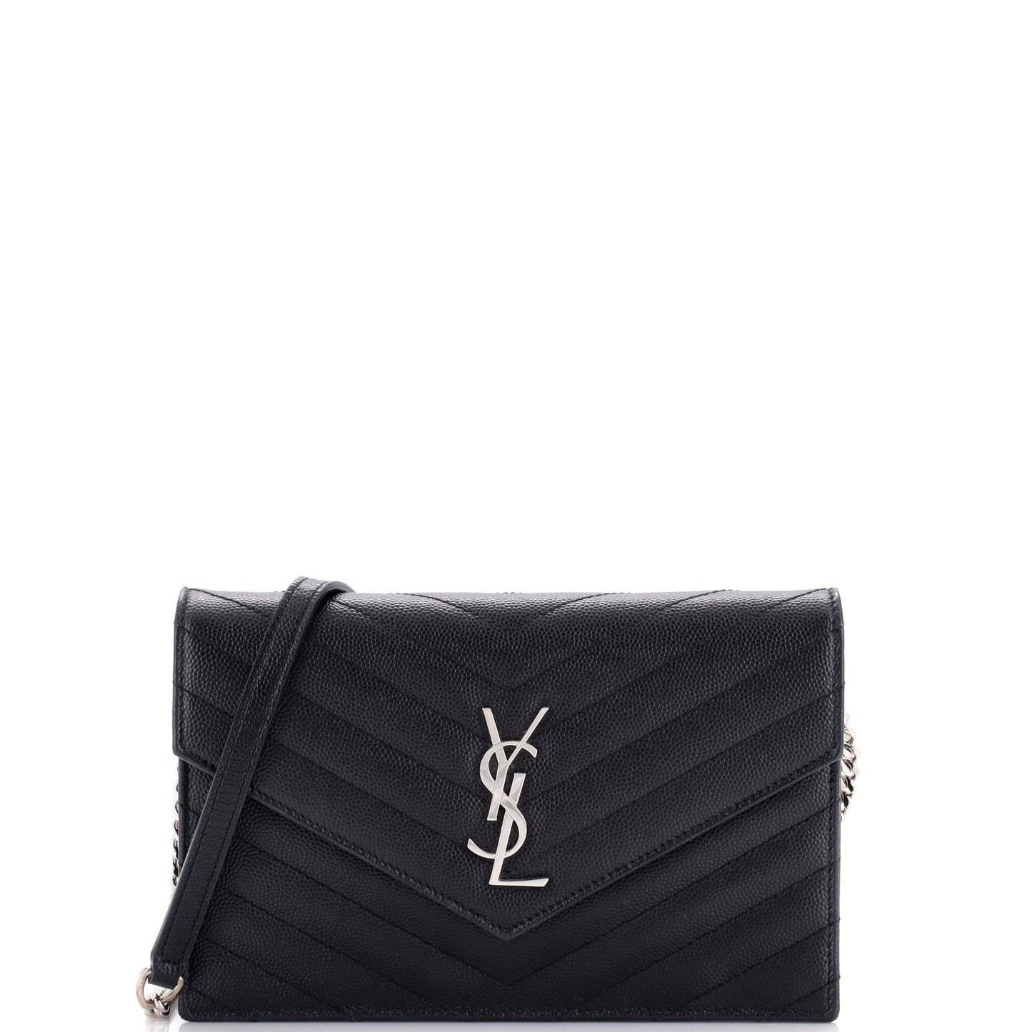 Luxury Saint Laurent Classic Monogram Wallet on Chain Matelasse Chevron Metallic Leather Small