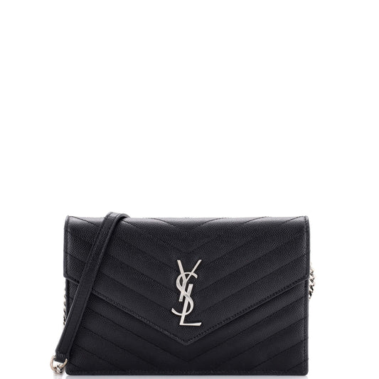 Luxury Saint Laurent Classic Monogram Wallet on Chain Matelasse Chevron Metallic Leather Small