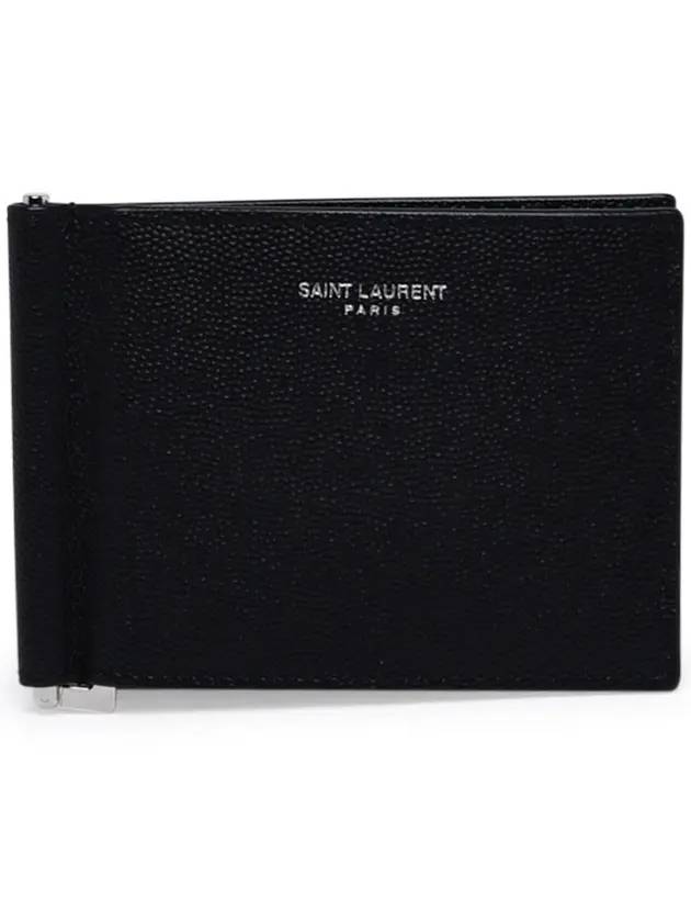Luxury Saint Laurent Textured Classic Leather Money Clip Half Wallet Black