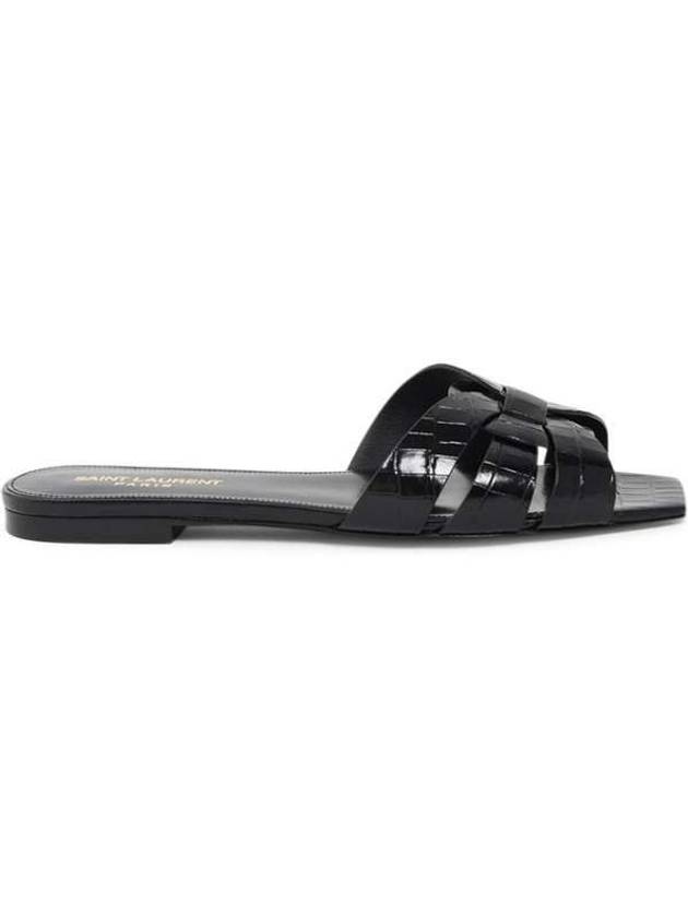 Luxury Saint Laurent Tribute Crocodile Embossed Shiny Leather Mules Black