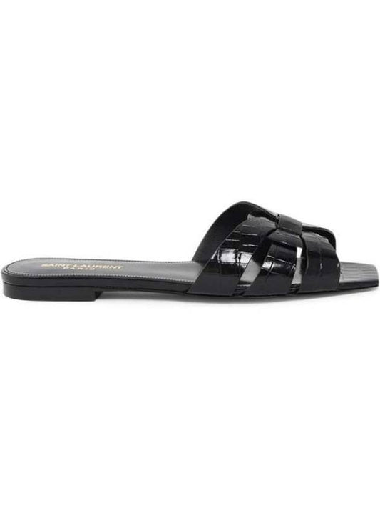 Luxury Saint Laurent Tribute Crocodile Embossed Shiny Leather Mules Black