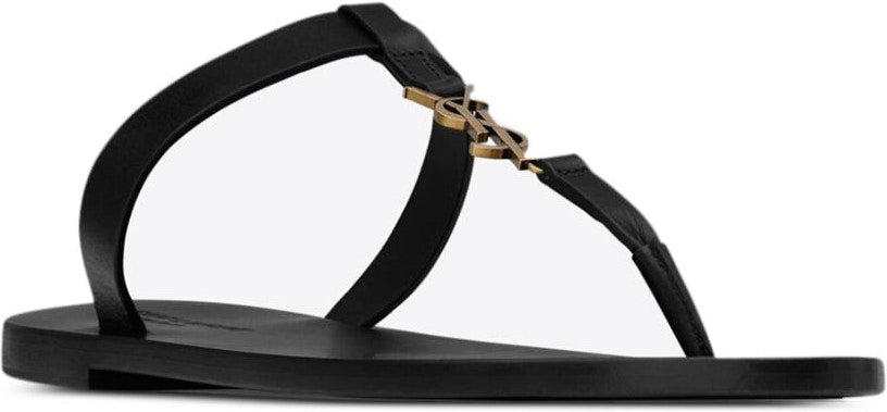 Luxury Saint Laurent Men's Cassandre Logo Plaque Leather Sandals in Black | Size 43 | 775806DWETT