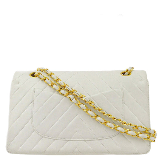 Luxury Chanel White Lambskin V Stitch Medium Classic Double Flap Shoulder Bag