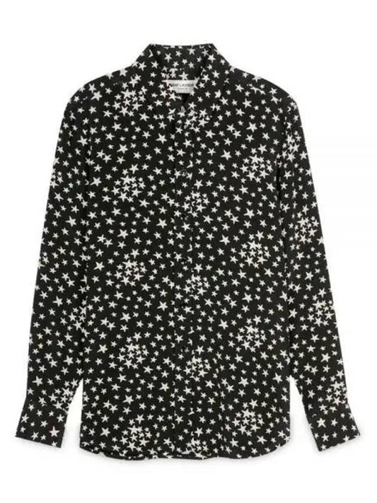 Luxury Saint Laurent Star Print Silk Long Sleeve Shirt Black