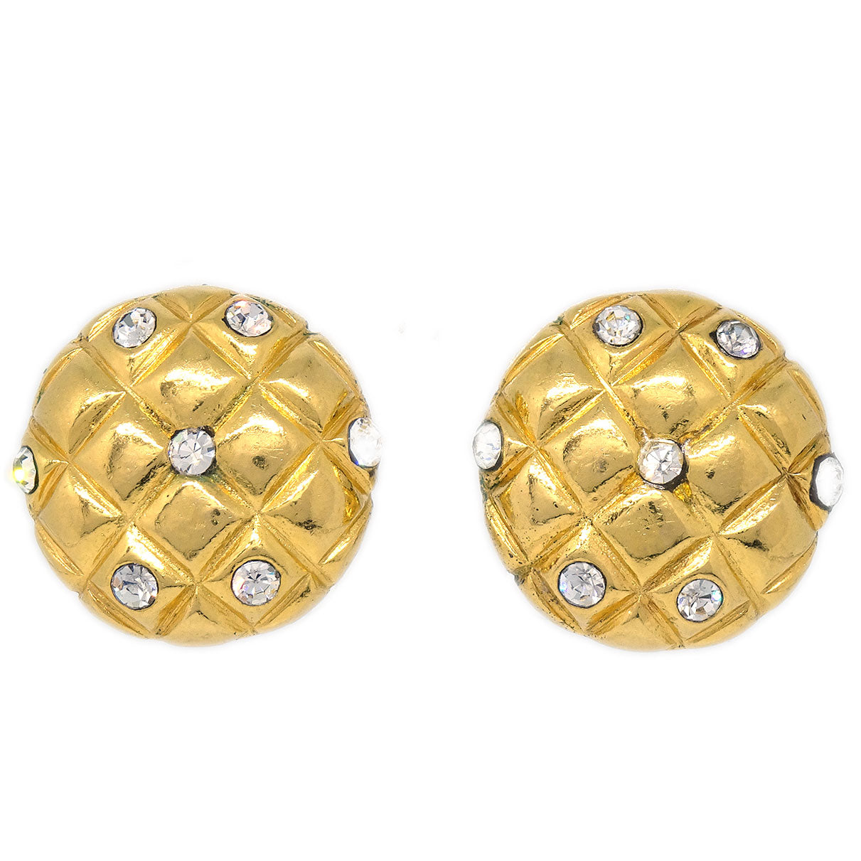 Luxury Chanel 1980s Crystal & Gold Quilted Earrings Clip-On