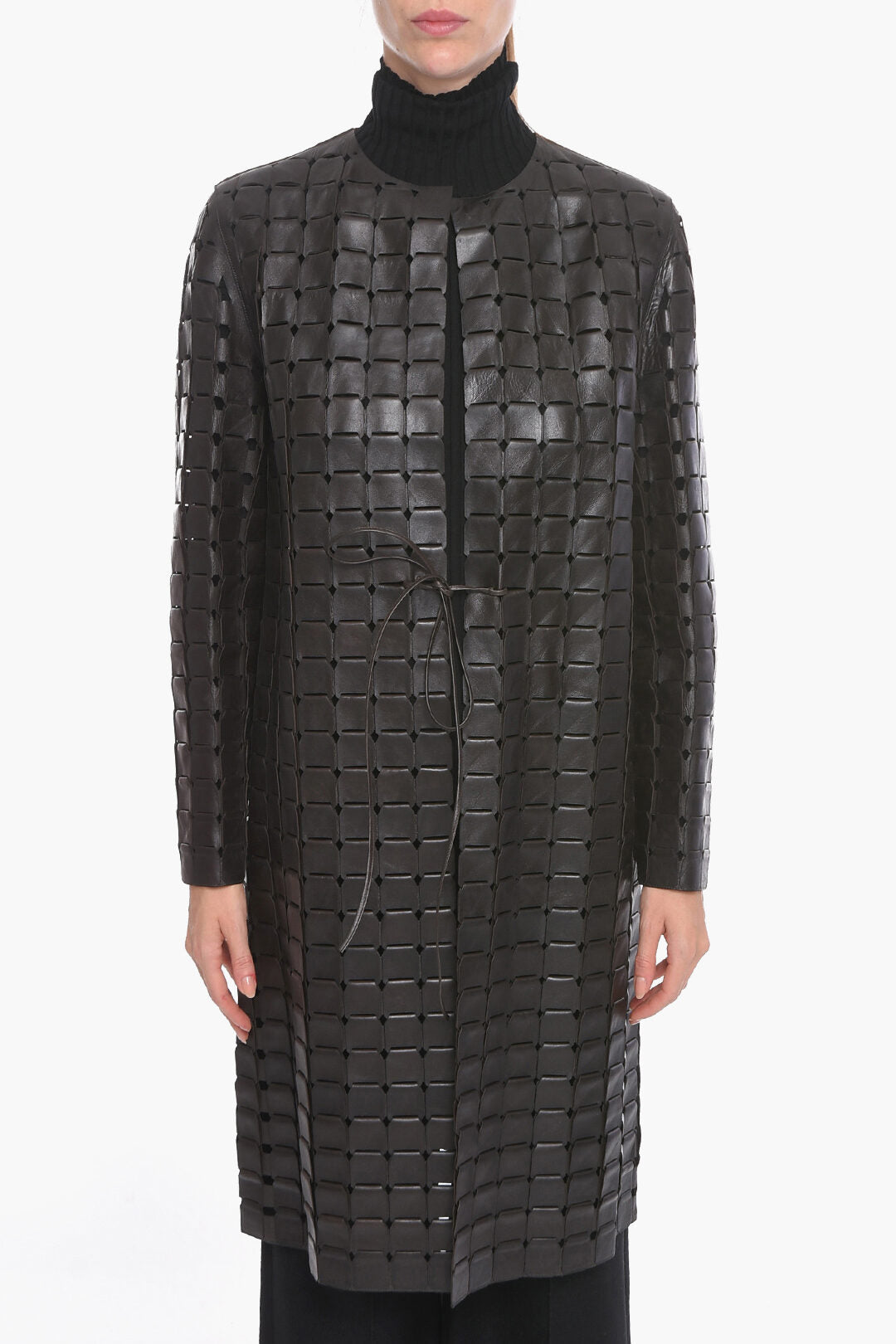 Luxury Bottega Veneta Knitted Leather SATINE Coat with Drawstring