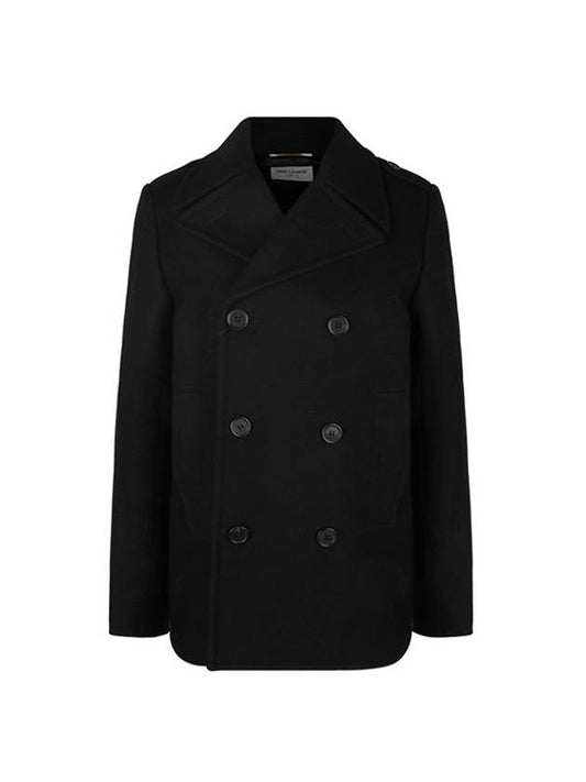 Luxury Saint Laurent Women's Double Breasted Wool Peacoat Black