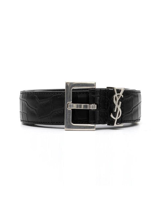 Luxury Saint Laurent Monogram Crocodile Leather Belt Black