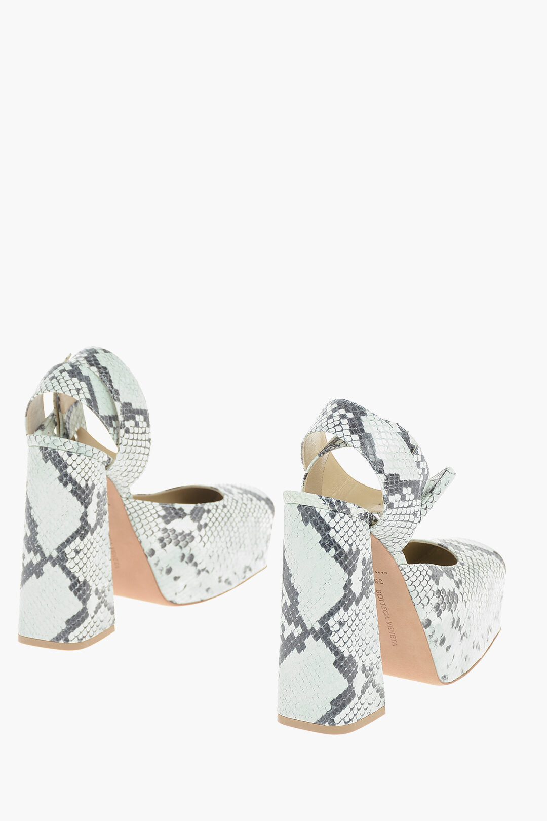 Luxury Bottega Veneta Python-Printed Tower Platform Pumps With Triangle Ankle-Belt