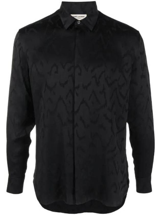 Luxury Saint Laurent Art Print Satin Long Sleeve Shirt Black