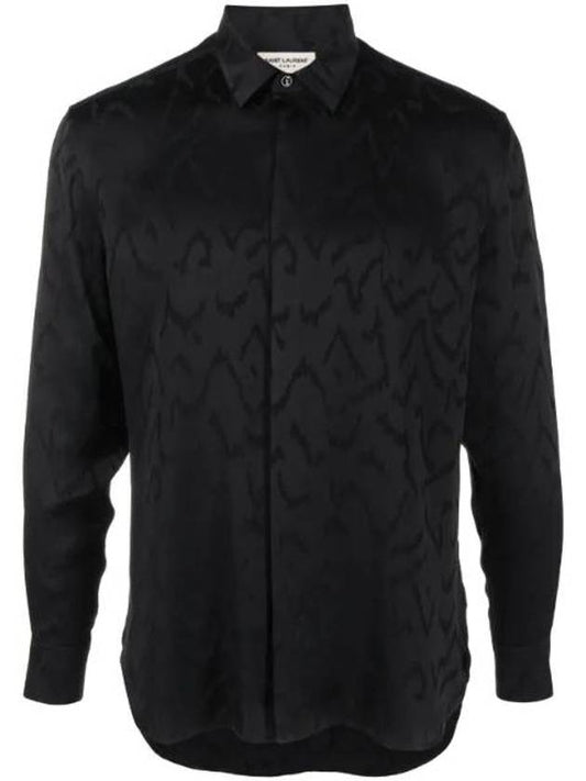 Luxury Saint Laurent Art Print Satin Long Sleeve Shirt Black