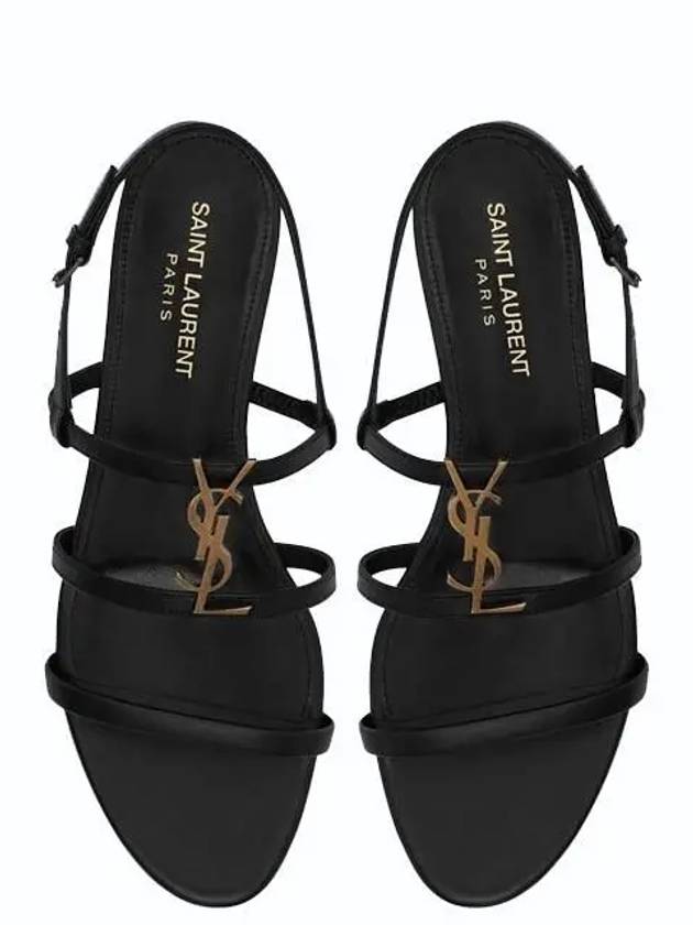 Luxury Saint Laurent Women's Smooth Leather Gold Tone Monogram Detail Cassandra Flat Sandals Black