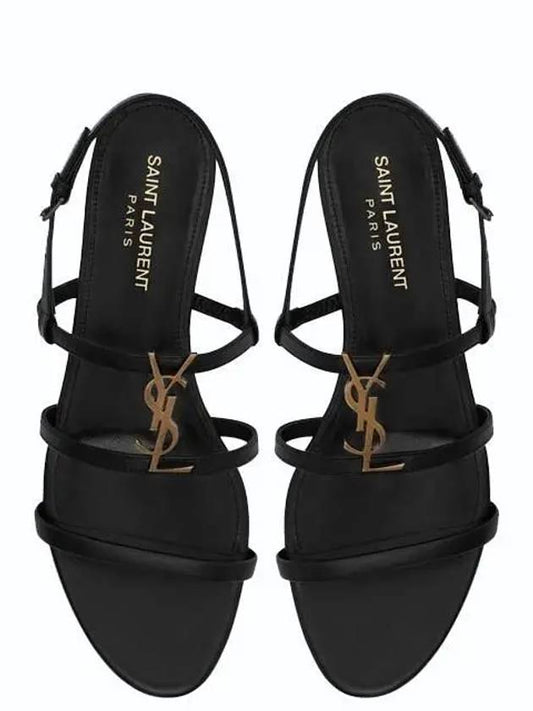 Luxury Saint Laurent Women's Smooth Leather Gold Tone Monogram Detail Cassandra Flat Sandals Black