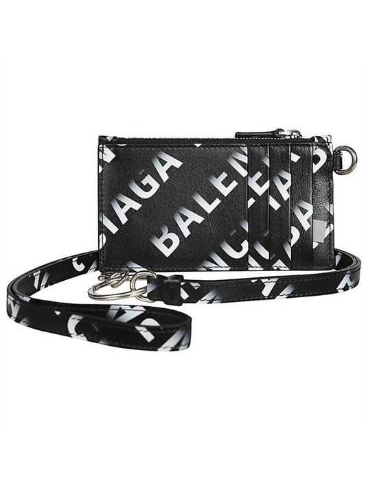 Luxury Balenciaga Logo All Over Print Cash Keyring Card Case Black