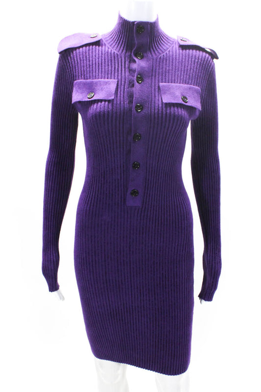 Luxury Bottega Veneta Womens Long Sleeve Ribbed Knit Sweater Dress Purple