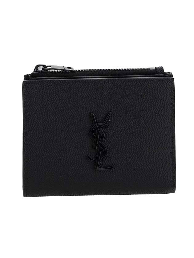 Luxury Saint Laurent Grande Poudre Monogram Zipper Half Wallet Black