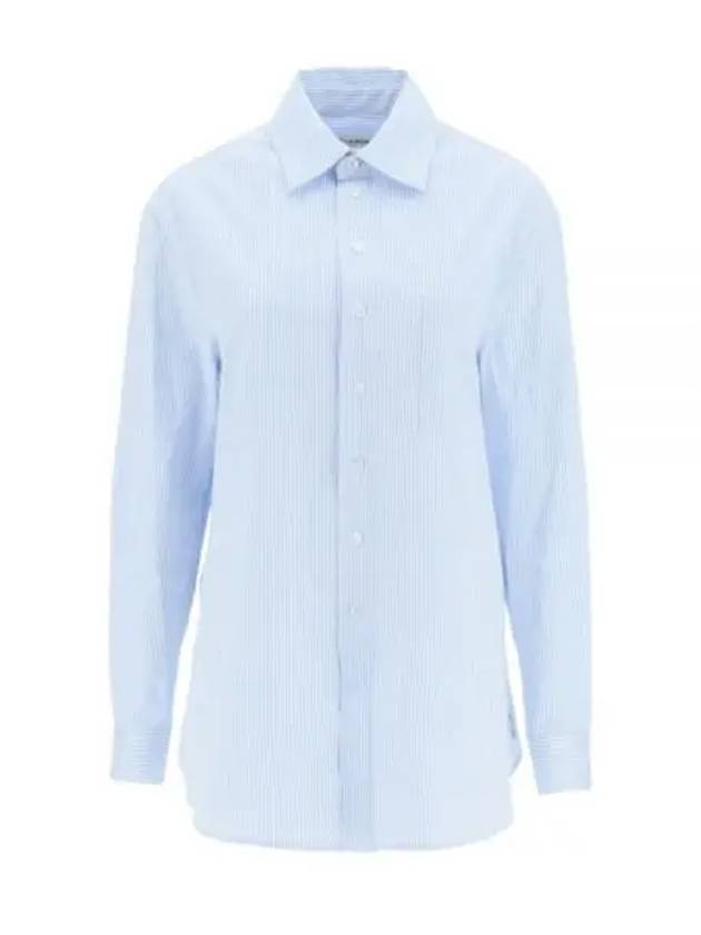 Luxury Saint Laurent Striped Cotton Poplin Monogram Long Sleeve Shirt Blue