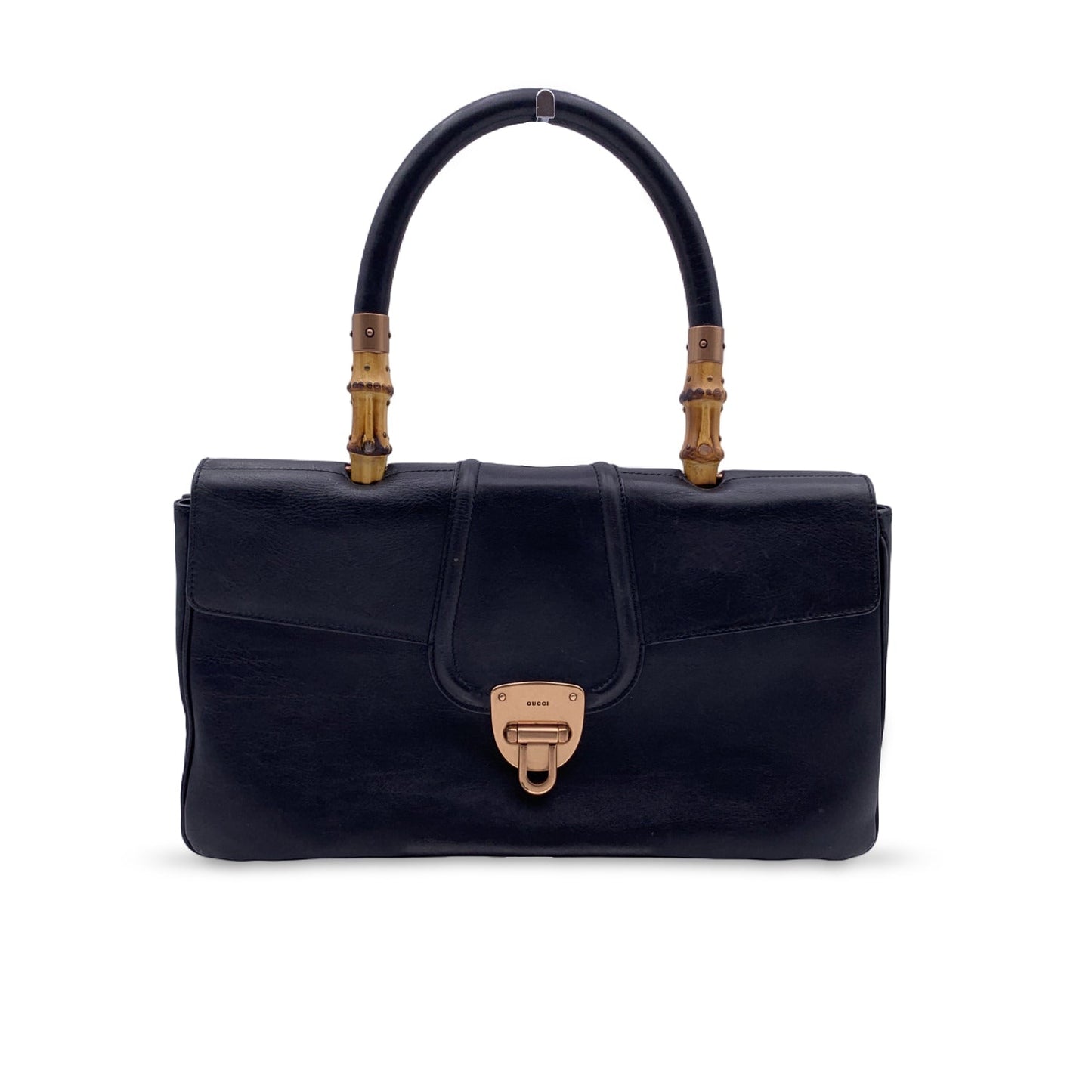 Luxury Gucci Black Leather Bamboo Detail Handbag Satchel Bag