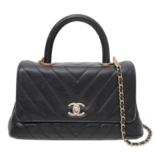 Chanel Navy Blue CC Chevron Coco Handle Mini Bag