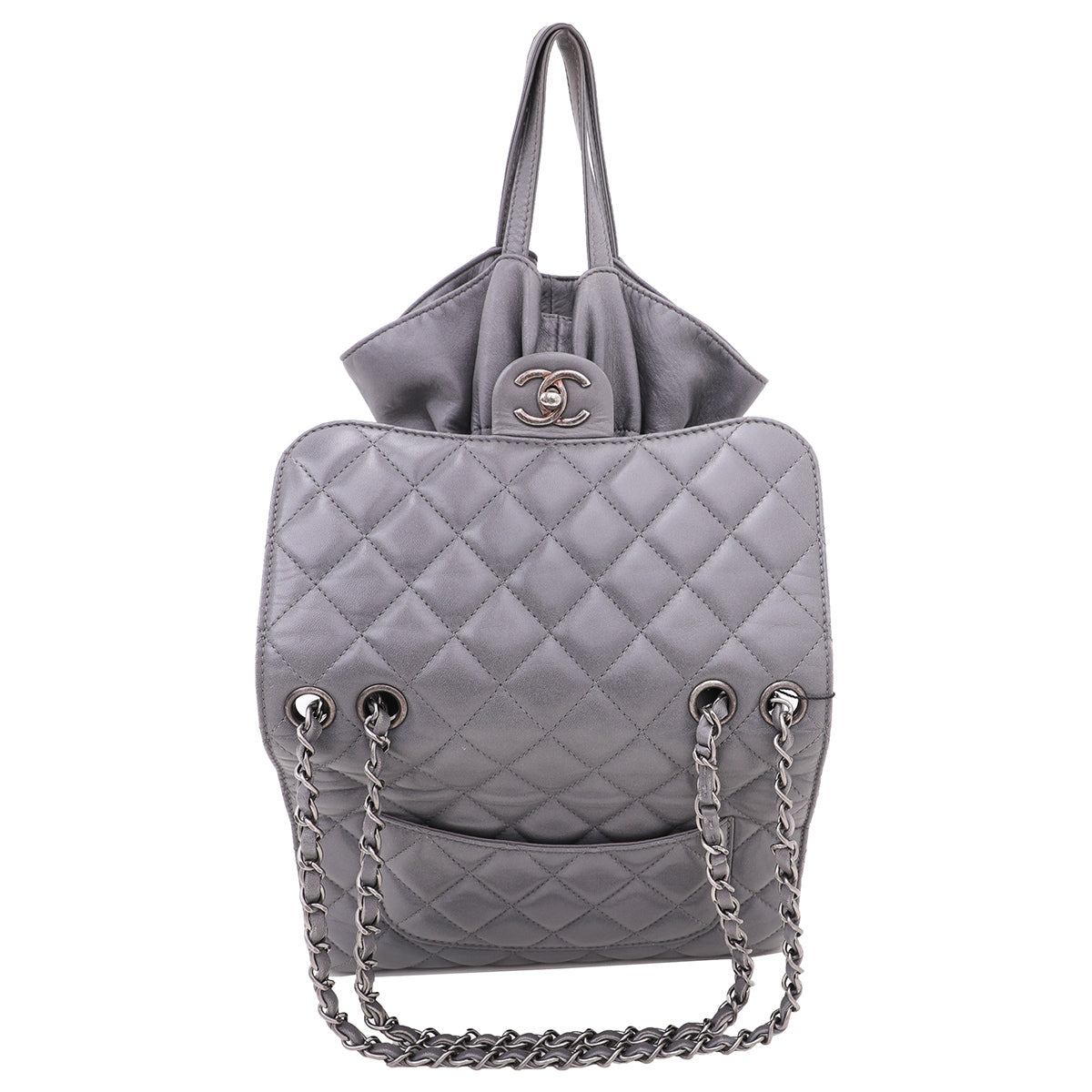 Chanel Gray Drawstring Shopping Flap Bag