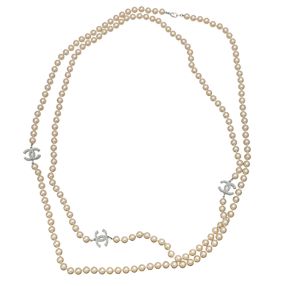 Chanel White Pearl CC Long Necklace