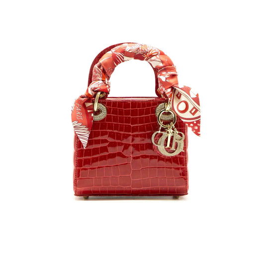 Luxury Dior Red Crocodile Mini Crystal Studded Lady Luxury Dior Tote With Silk Scarf