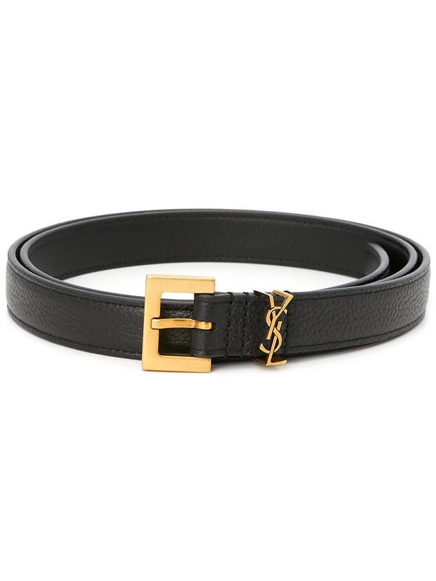Luxury Saint Laurent Cassandre Grained Leather Square Buckle Thin Belt Black
