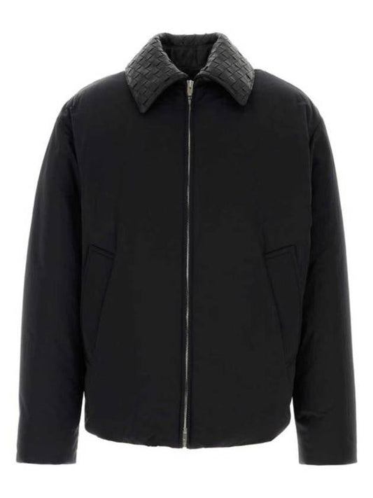 Luxury Bottega Veneta Intrecciato Leather Collar Tech Nylon Puffer Jacket Black