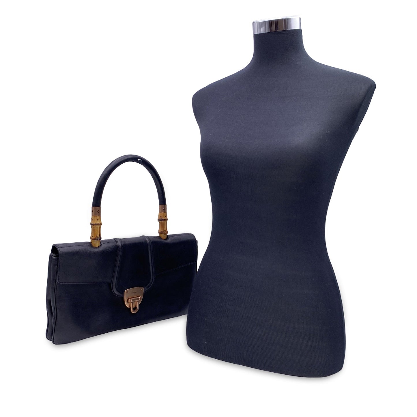 Luxury Gucci Black Leather Bamboo Detail Handbag Satchel Bag