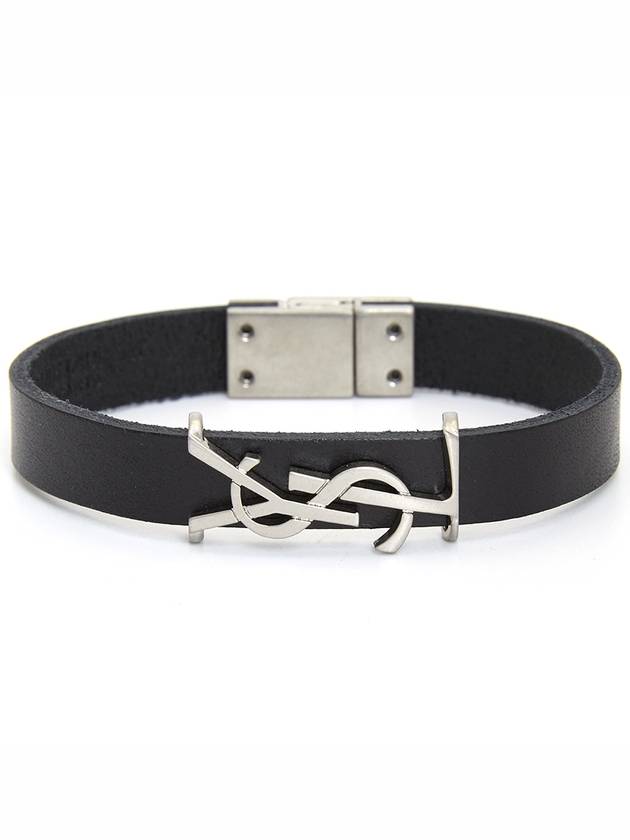 Luxury Saint Laurent Opyum Silver Logo Leather Bracelet Black