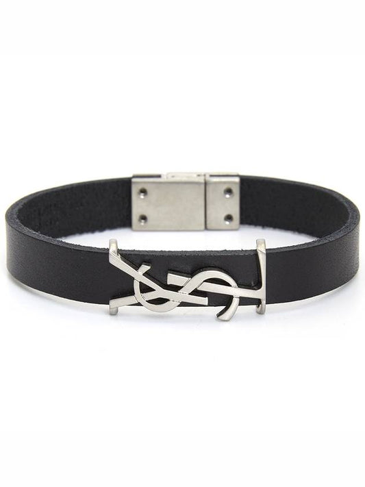 Luxury Saint Laurent Opyum Silver Logo Leather Bracelet Black