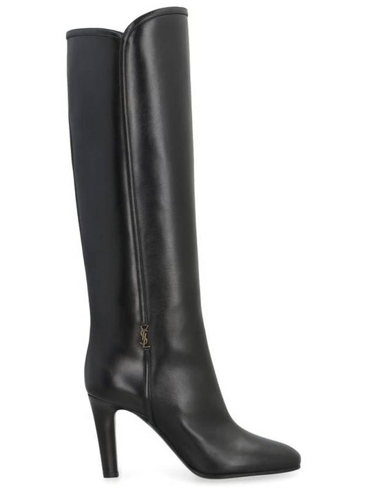 Luxury Saint Laurent Jane Monogram Leather Heel Middle Boots Black