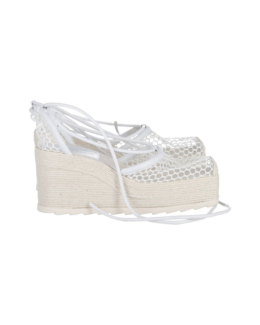 Luxury Bottega Veneta Mesh Espadrille Wedge Sandals in White Leather