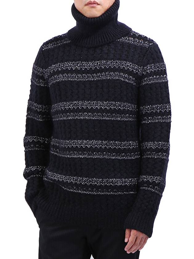 Luxury Saint Laurent Men's Striped Cable Wool Turtleneck Black