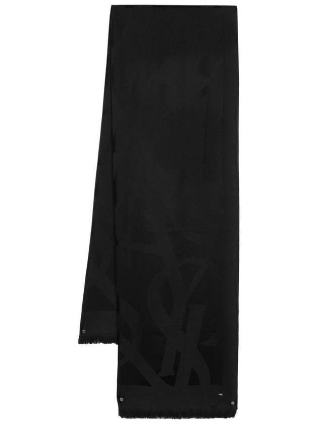 Luxury Saint Laurent Cassandra Monogram Wool Jacquard Scarf Black