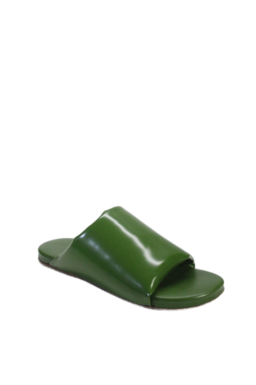 Luxury Bottega Veneta Womens Single Strap Patent Leather Slide Sandals Green