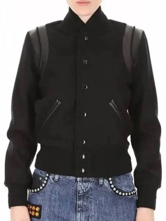 Luxury Saint Laurent Women's Wool Varsity Bomber Jacket Black