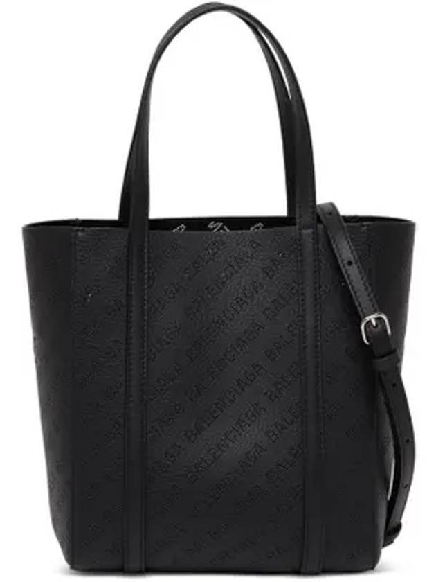 Luxury Balenciaga Everyday All Over Logo Leather Tote Back Black