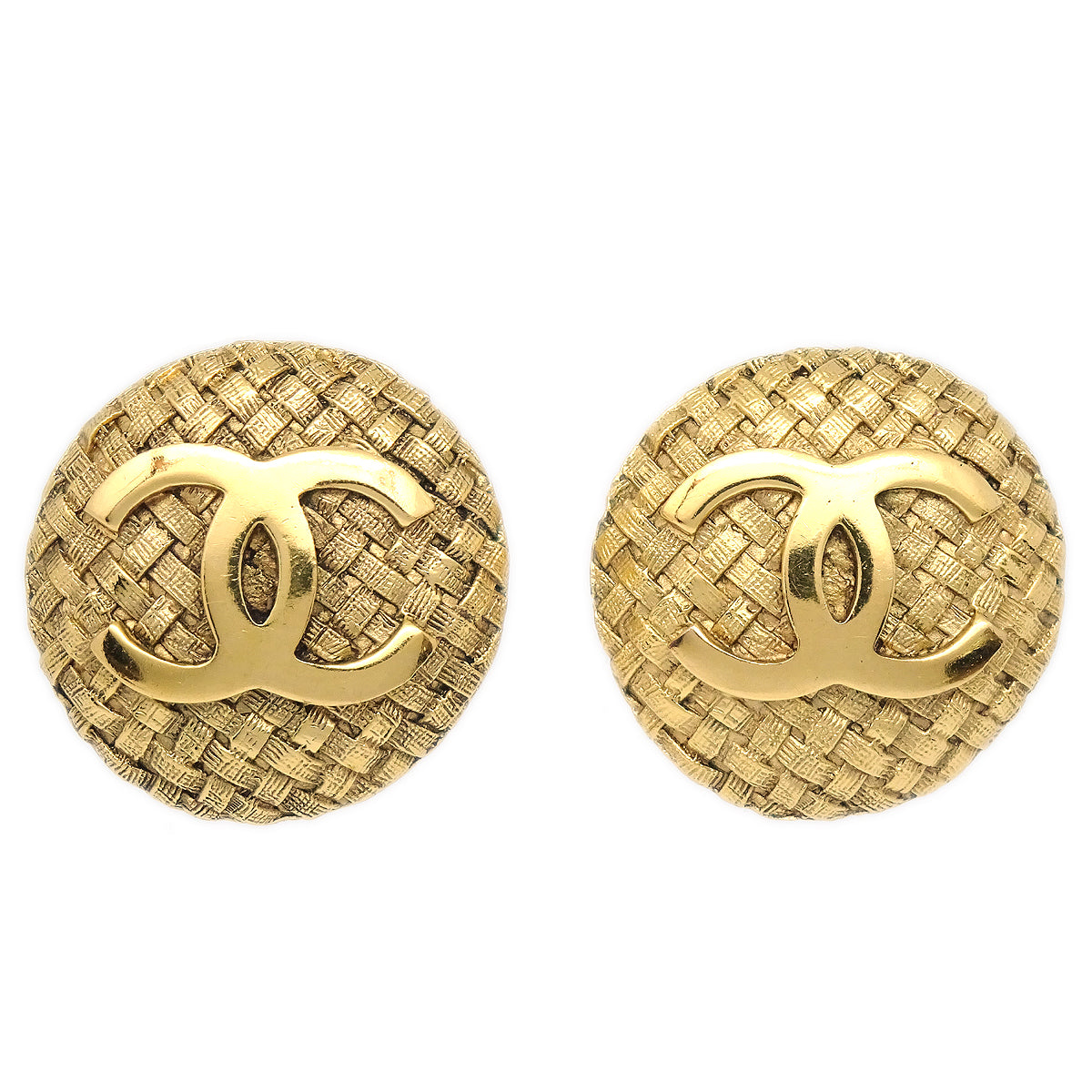 Luxury Chanel 1994 Round Woven CC Earrings Clip-On Gold 2862