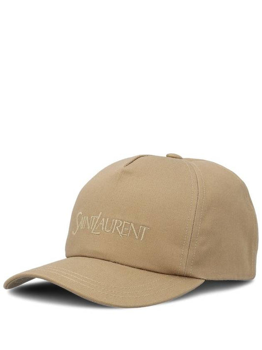 Luxury Saint Laurent Embroidered Logo Gabardine Weave Cotton Ball Cap Beige