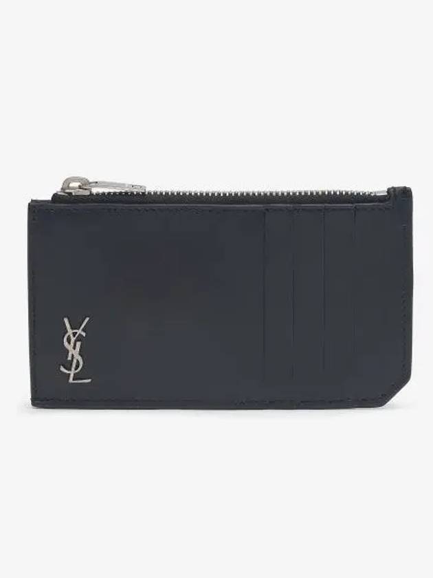 Luxury Saint Laurent Tiny Cassandre Fragments Silver Hardware Leather Zipper Card Wallet Black