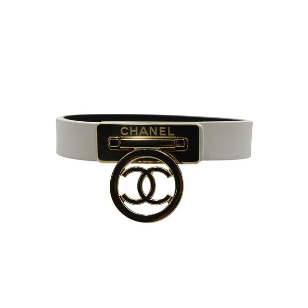 Luxury Chanel White Leather Logo Bracelet
