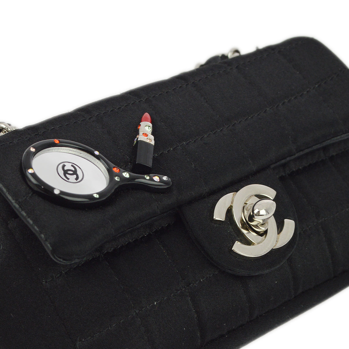 Luxury Chanel Black Satin Choco Bar Single Chain Shoulder Bag