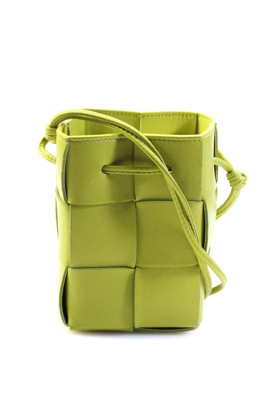 Luxury Bottega Veneta Womens Intrecciato Mini Cassette Bucket Handbag Pea Green