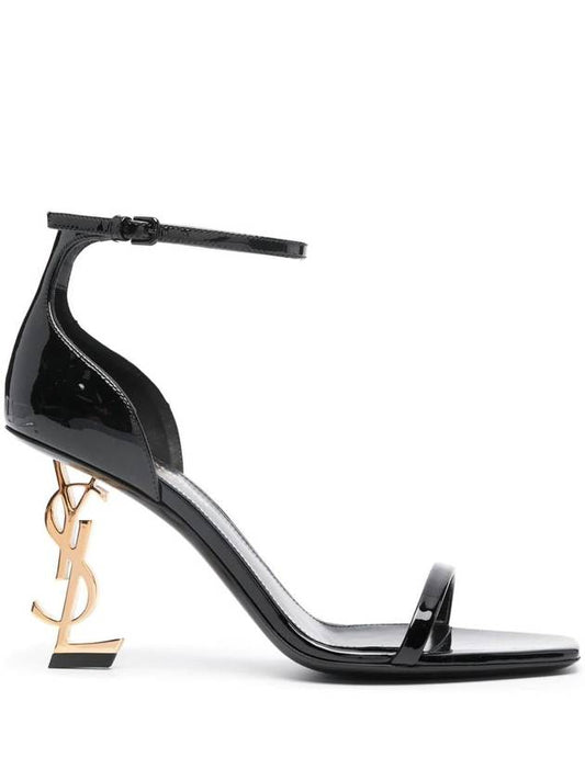 Luxury Saint Laurent Opium Gold YSL Logo Open Toe Sandal Heels Black