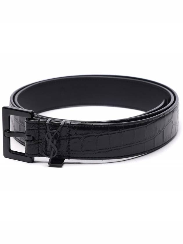 Luxury Saint Laurent Monogram Crocodile Embossed Leather Belt Black