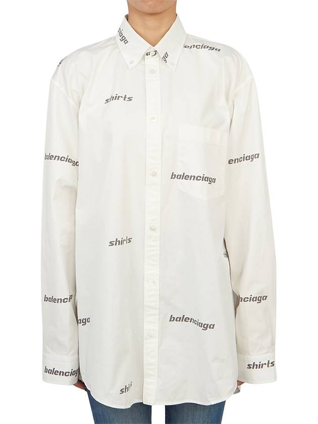 Luxury Balenciaga Printed Logo Allover Cotton Long Sleeve Shirt White